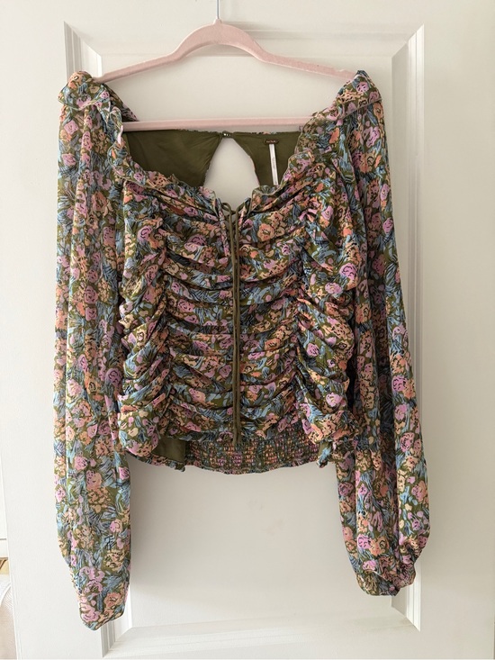 Free People Tops - Free People Olive Blouse with Pink & Blue Floral Ruffles